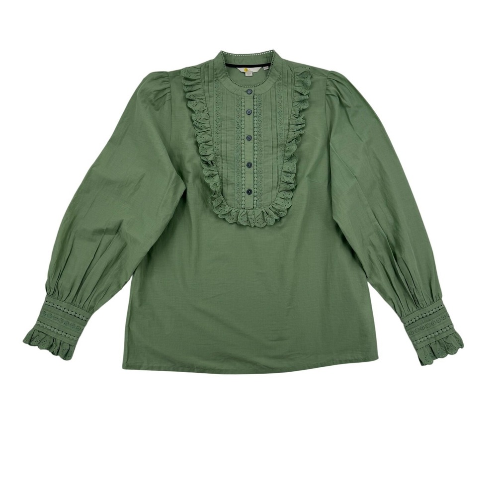 Boden Frilly Popover Blouse Womens 10 Green Excellent Eyelet Ruffle Cotton Top